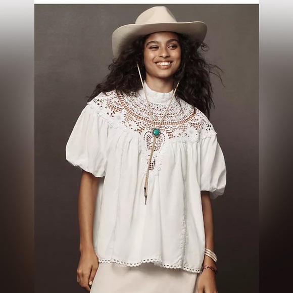 Anthropologie Mock-Neck Puff-Sleeve Lace Blouse Size XLP - Picture 3 of 13